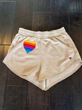 Aviator Nation Cream Athletic Shorts with Rainbow Heart (kids XL fit like small)